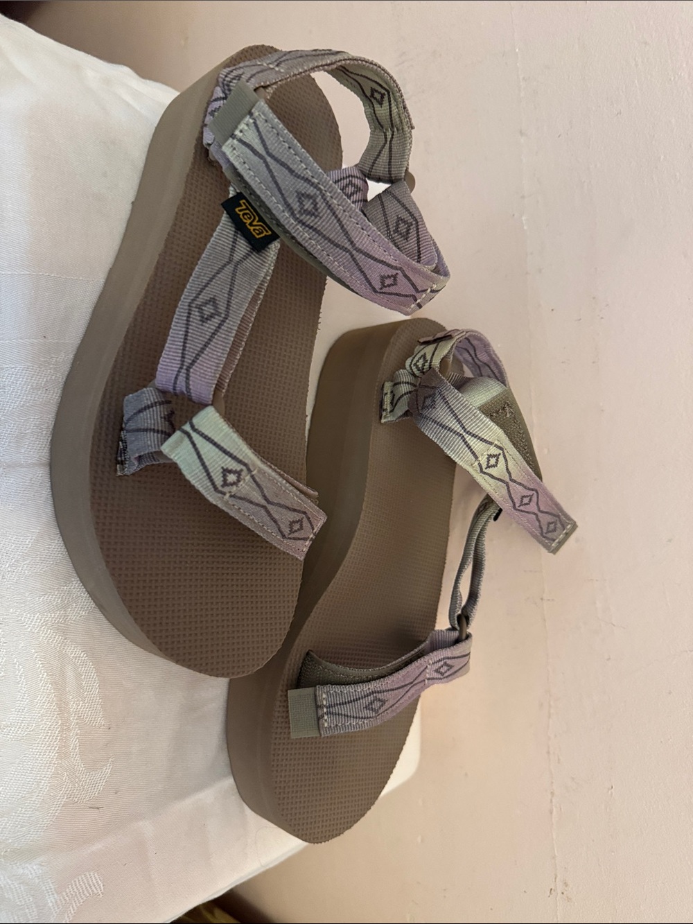 Teva Women's Platform Sandals in Taupe with Lavender Straps